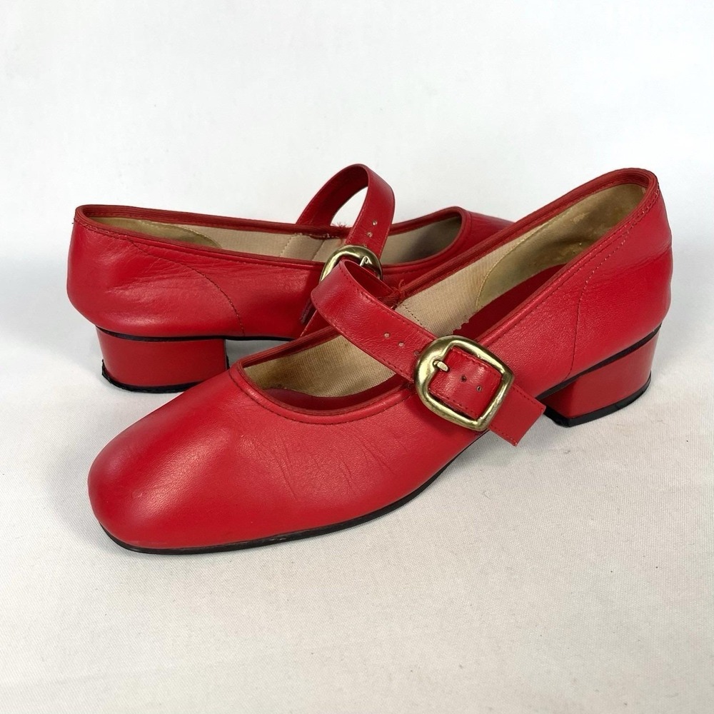 Vintage Red Leather Mary Jane Square Dance Shoes Womens 7 Block Heel